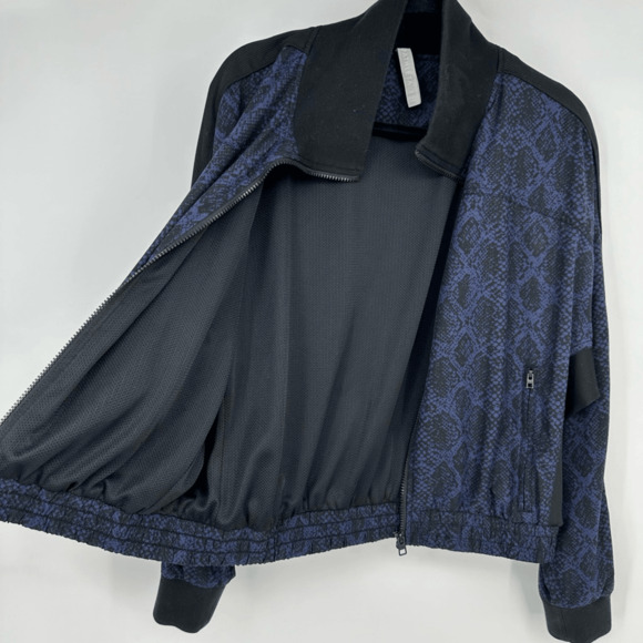 Athleta Womens M Brooklyn Track Bomber Jacket Black Blue Full Zip Athleisure - Picture 5 of 10